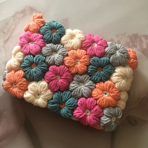 Crochet bag flower rainbow pink shoulder womens Pearl strap - Picture 3 of 6